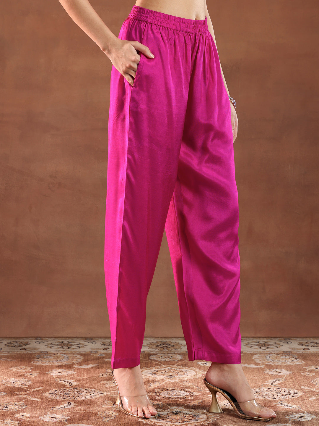 Pink Printed Silk Blend Straight Suit With Dupatta