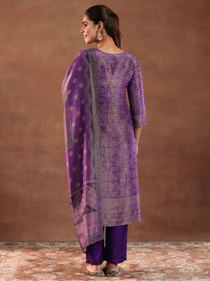 Purple Printed Silk Blend Straight Suit With Dupatta