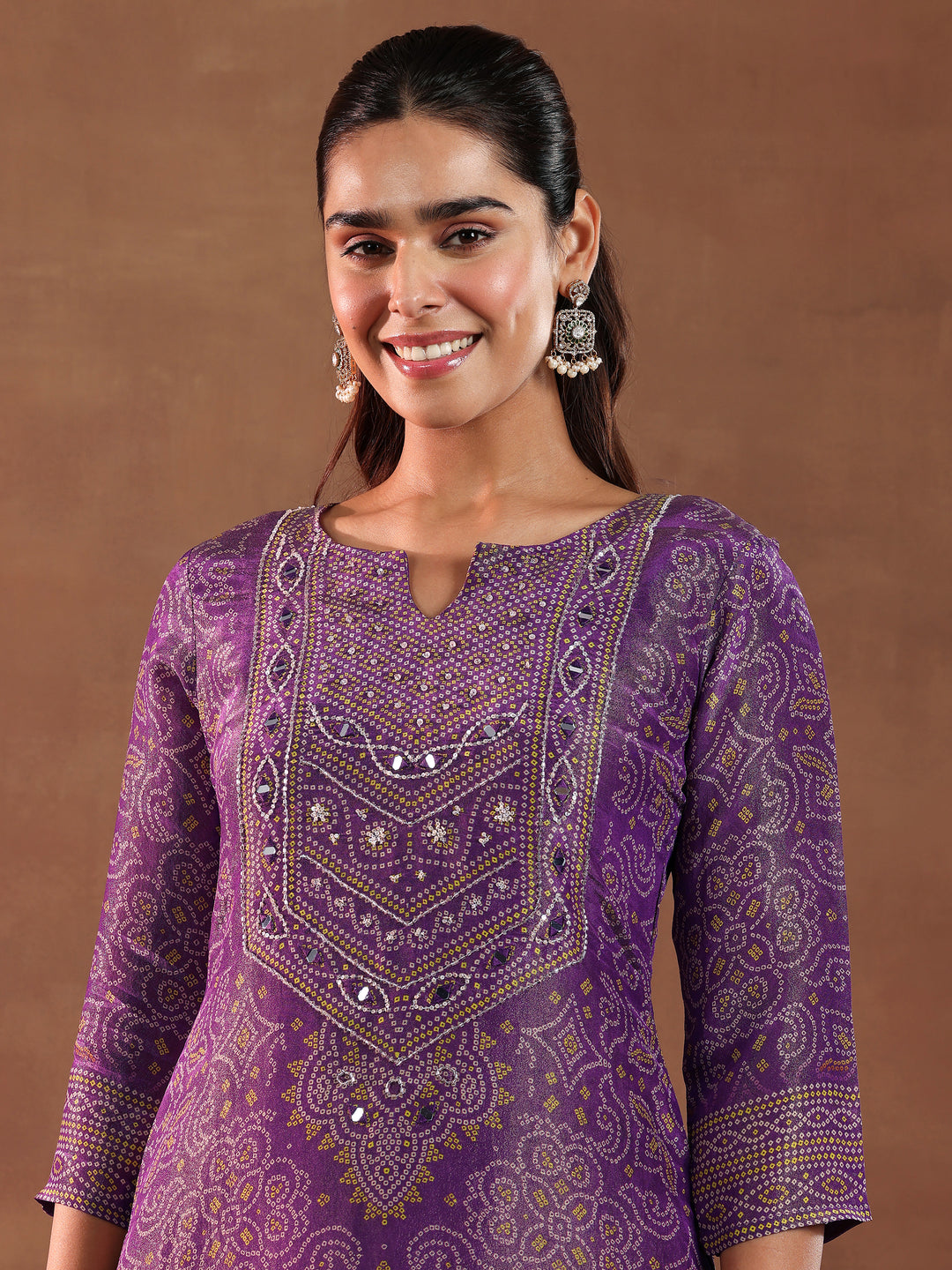 Purple Printed Silk Blend Straight Suit With Dupatta
