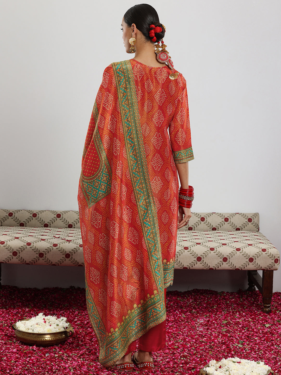 Orange Printed Silk Blend Straight Suit With Dupatta