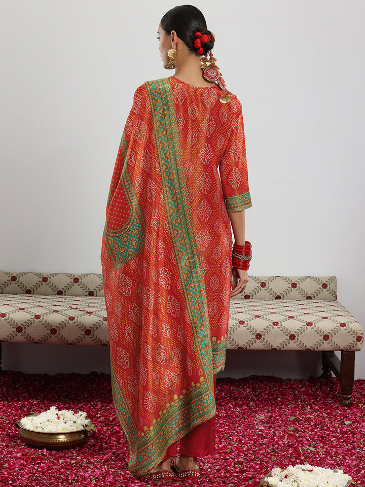 Orange Printed Silk Blend Straight Suit With Dupatta