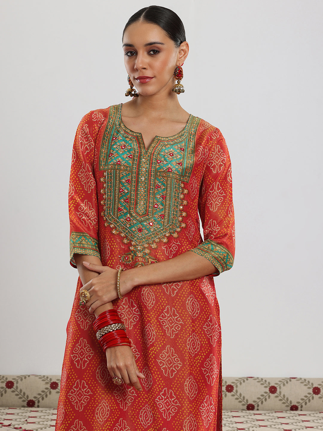 Orange Printed Silk Blend Straight Suit With Dupatta