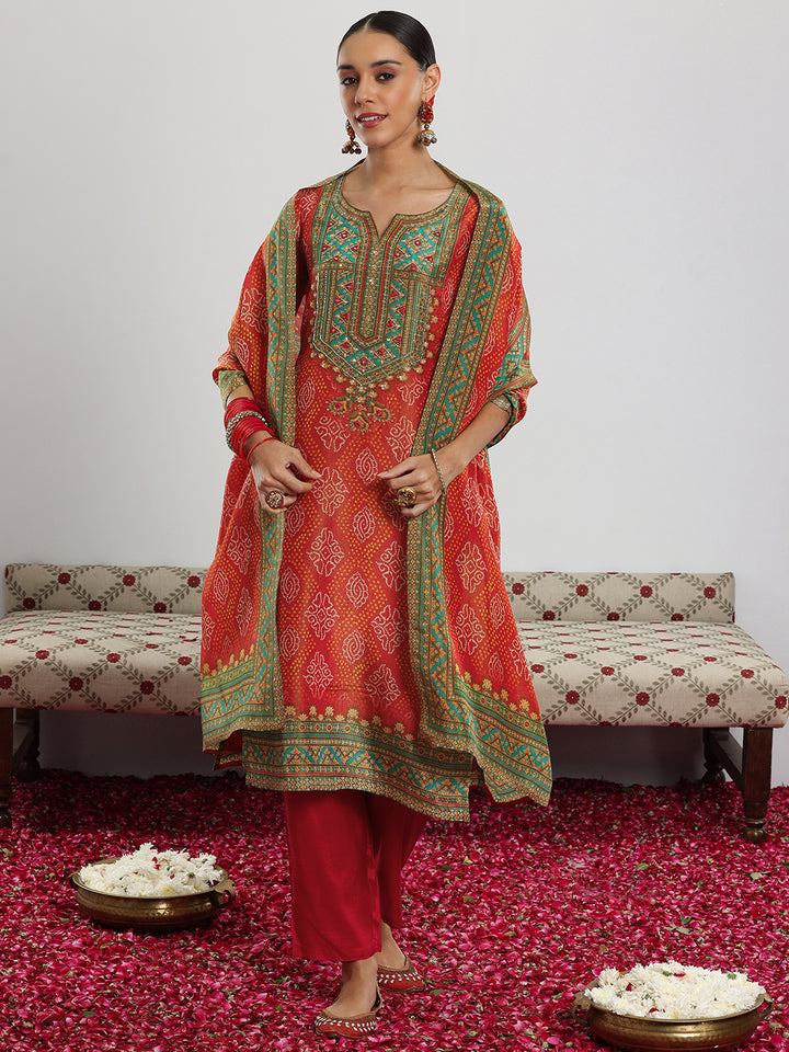 Orange Printed Silk Blend Straight Suit With Dupatta