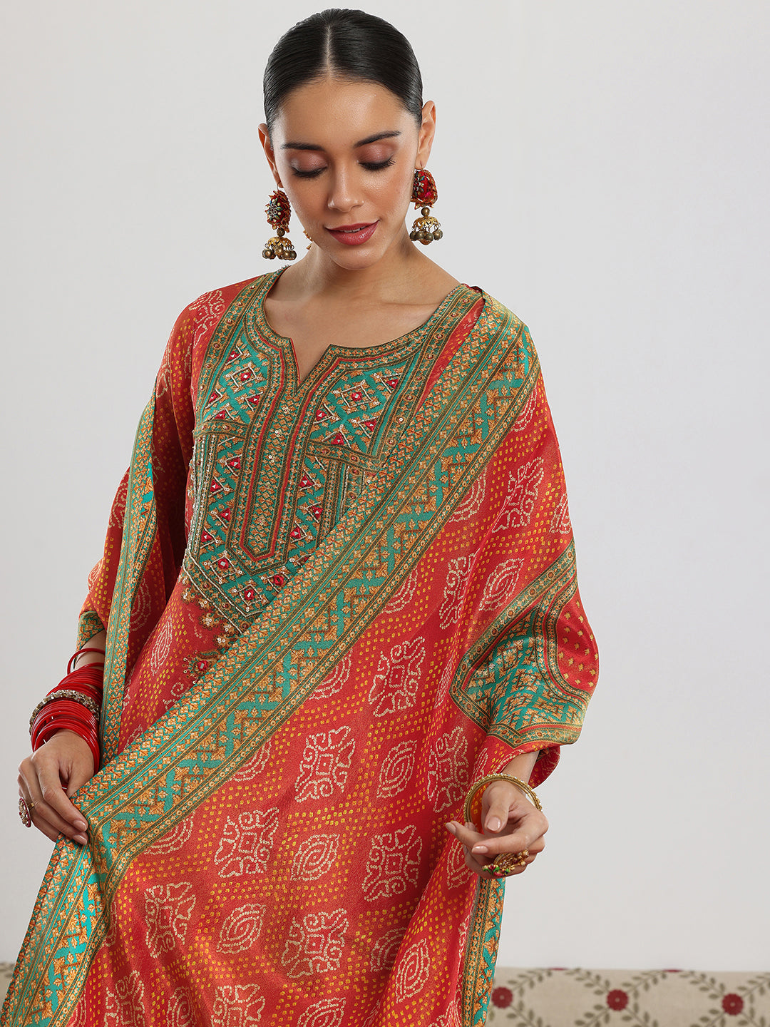 Orange Printed Silk Blend Straight Suit With Dupatta