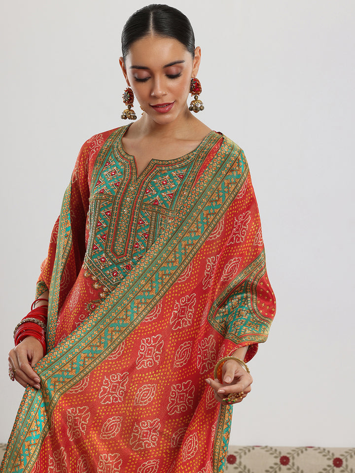 Orange Printed Silk Blend Straight Suit With Dupatta
