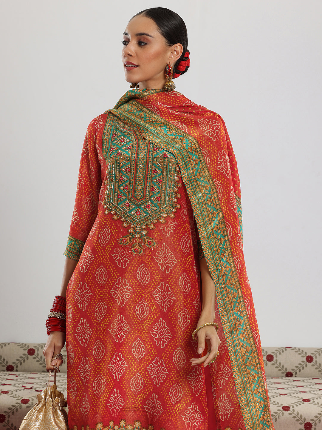 Orange Printed Silk Blend Straight Suit With Dupatta