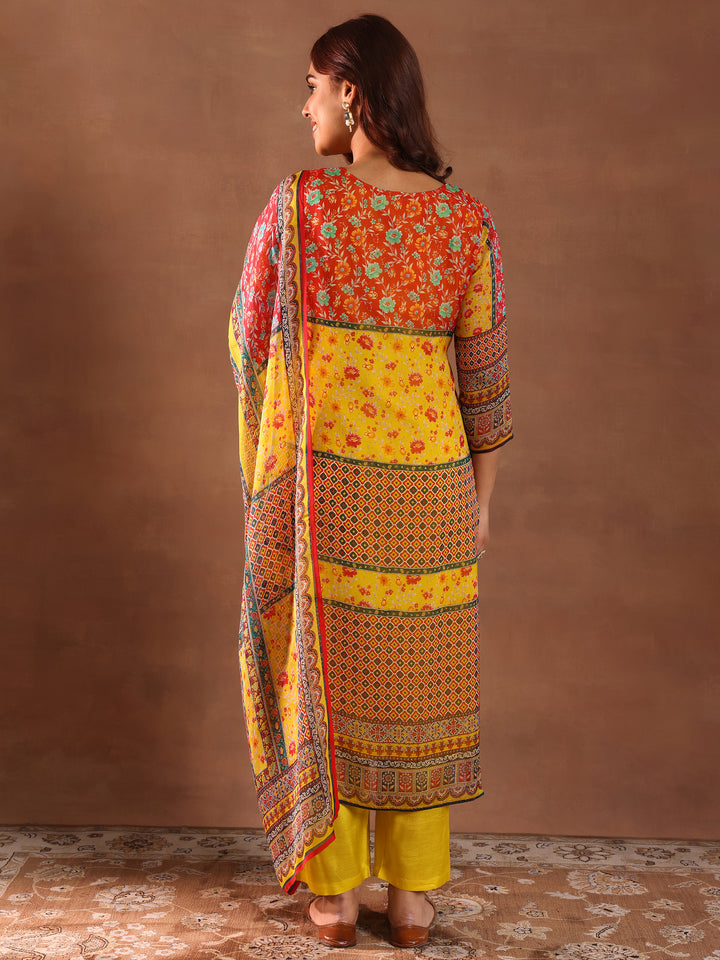 Mutli Printed Silk Blend Straight Suit With Dupatta