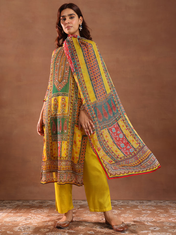 Mutli Printed Silk Blend Straight Suit With Dupatta