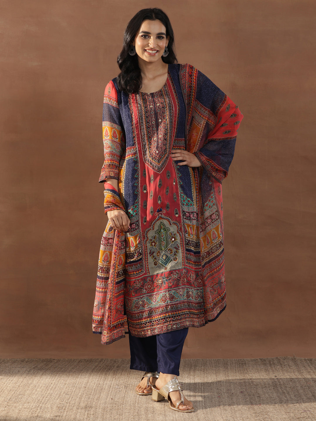 Multicoloured Printed Organza Straight Suit Set With Dupatta