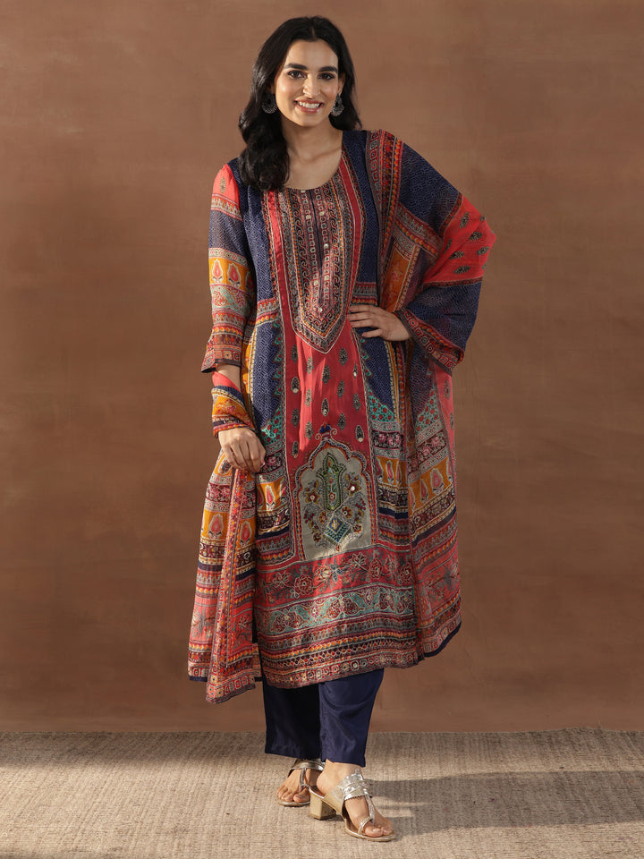 Multicoloured Printed Organza Straight Suit Set With Dupatta