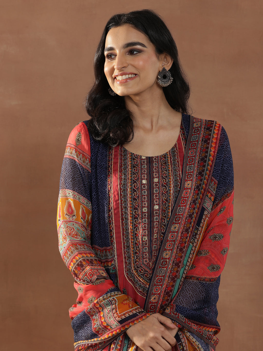 Multicoloured Printed Organza Straight Suit Set With Dupatta