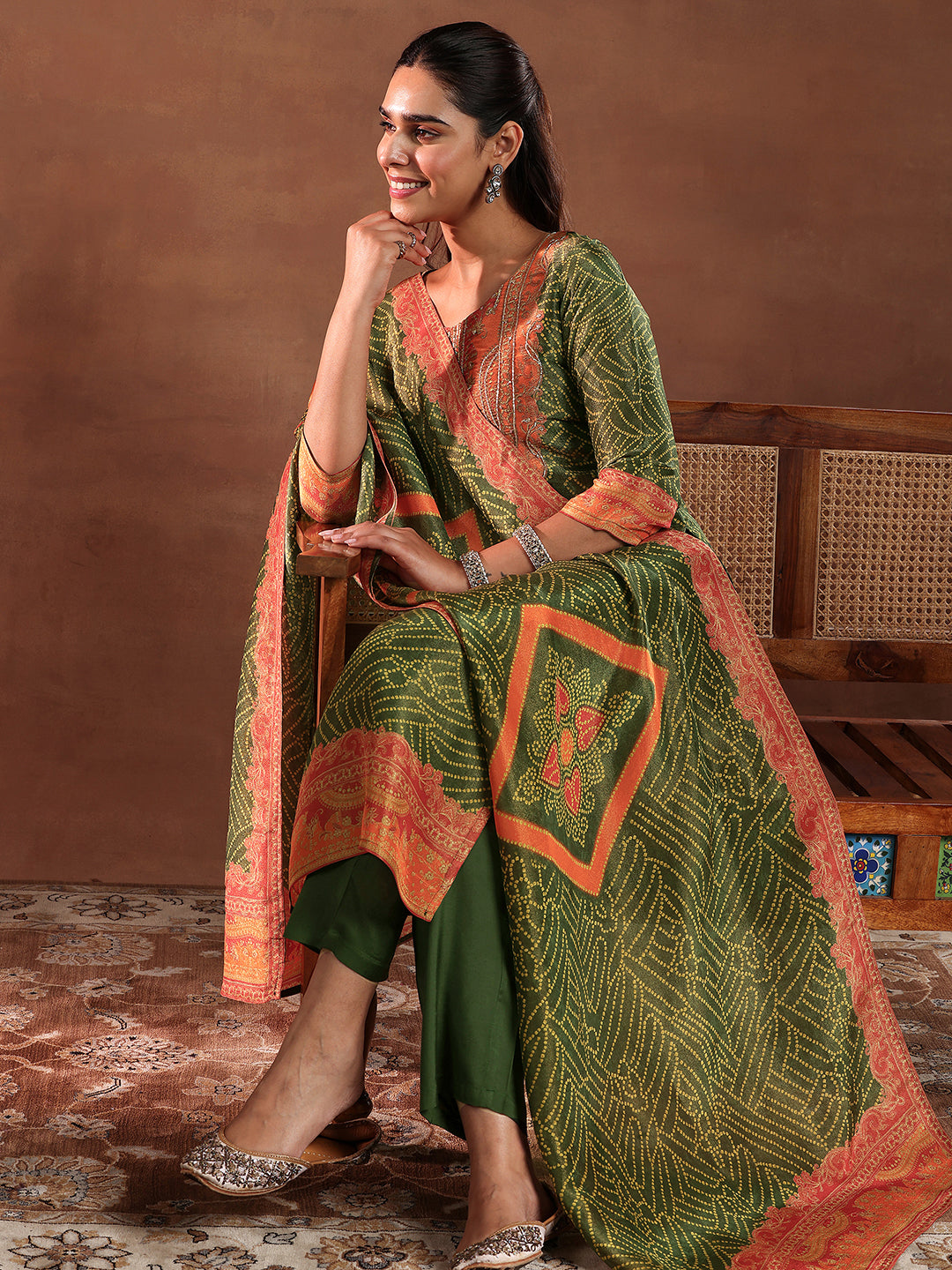 Plus Size Green Printed Silk Blend Straight Suit Set With Dupatta