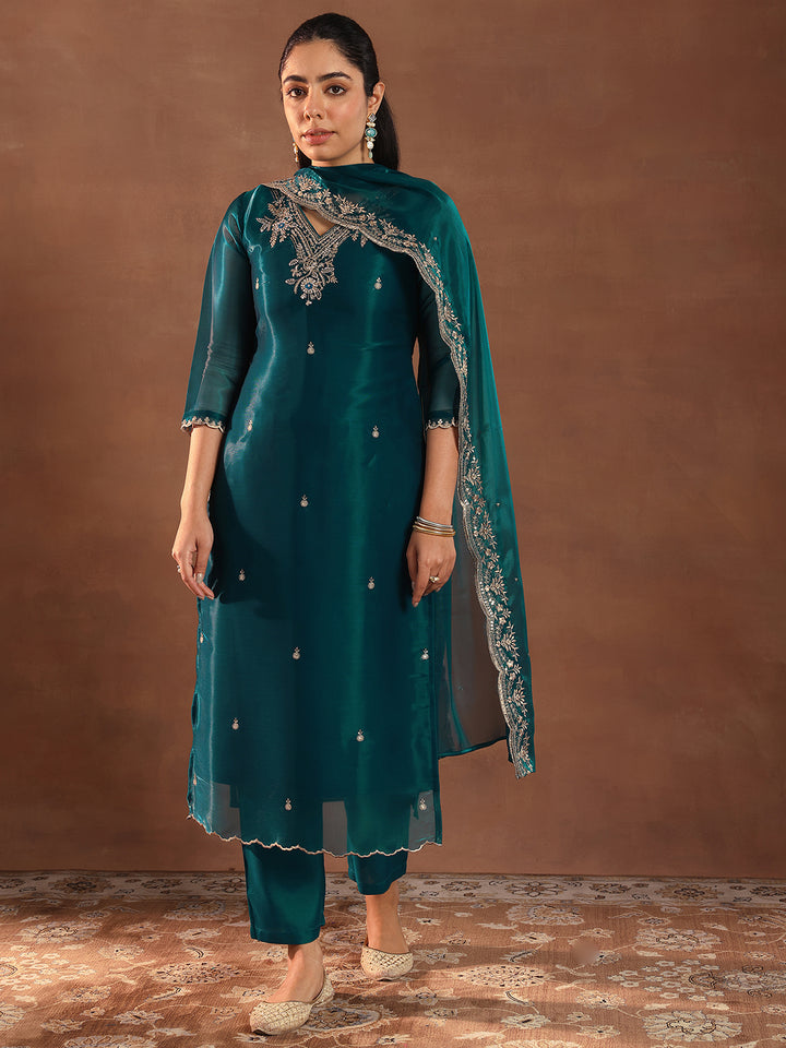 Teal Yoke Design Tissue Straight Suit With Dupatta