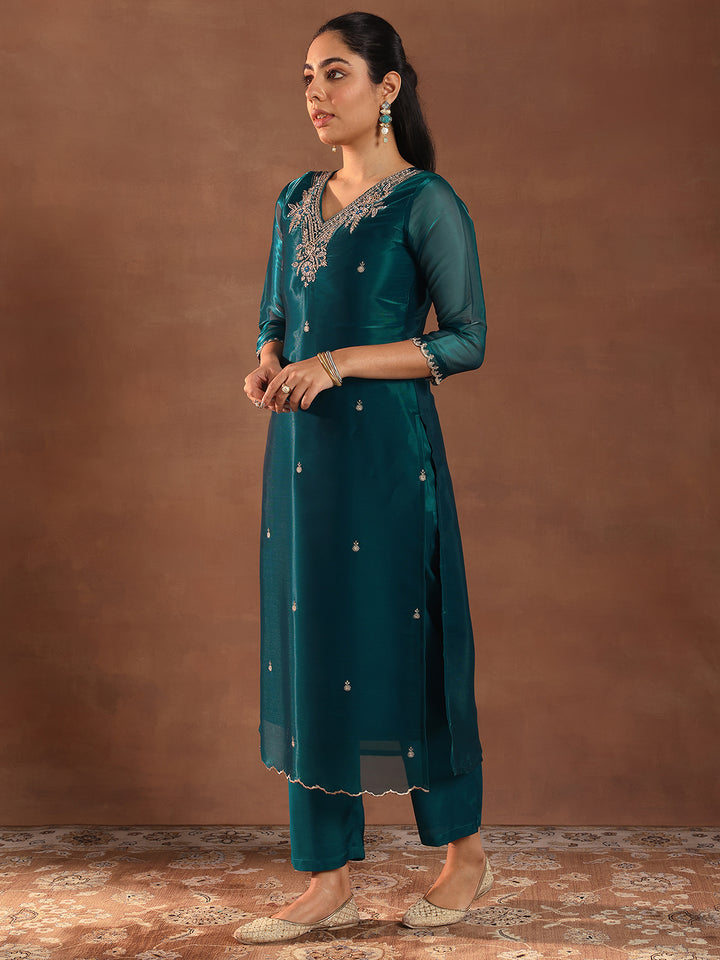 Teal Yoke Design Tissue Straight Suit With Dupatta
