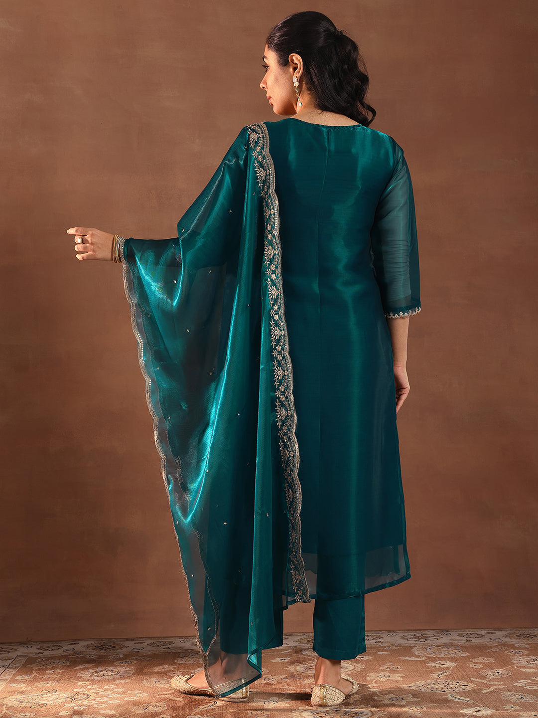 Teal Yoke Design Tissue Straight Suit With Dupatta