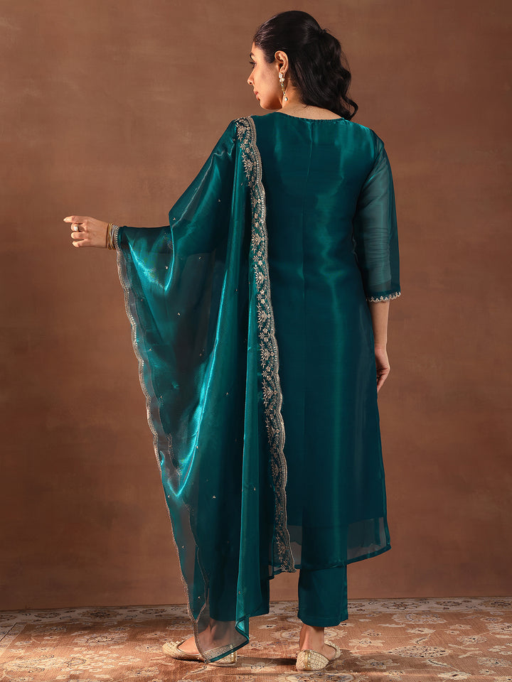 Teal Yoke Design Tissue Straight Suit With Dupatta
