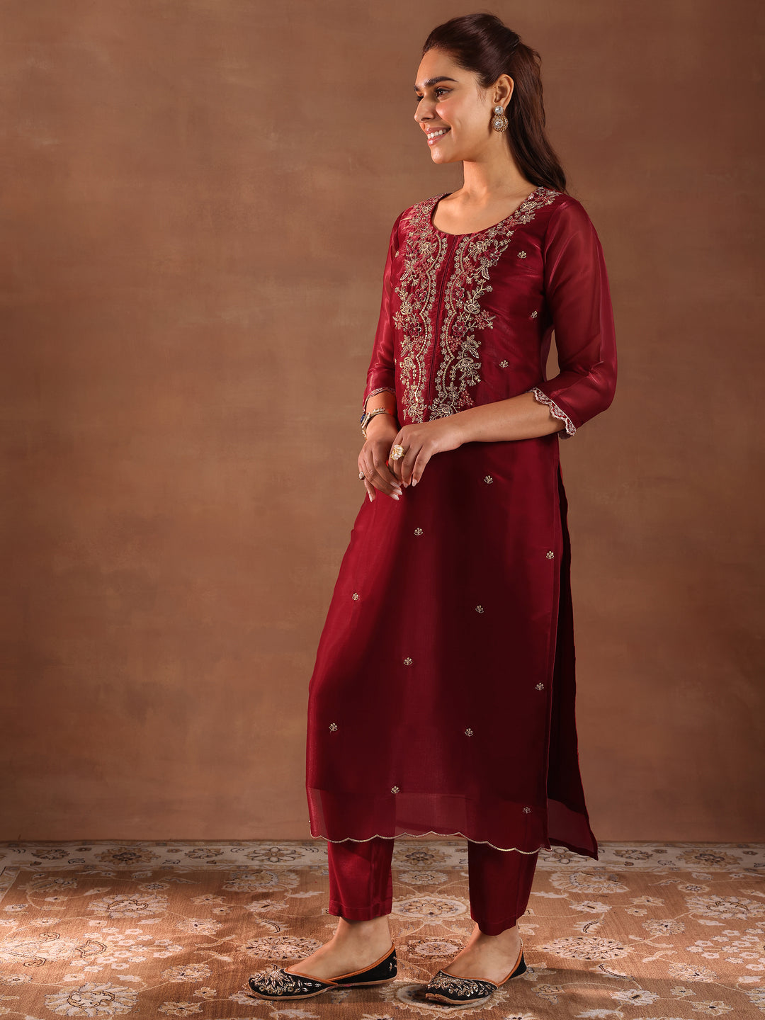 Maroon Yoke Design Tissue Straight Suit With Dupatta
