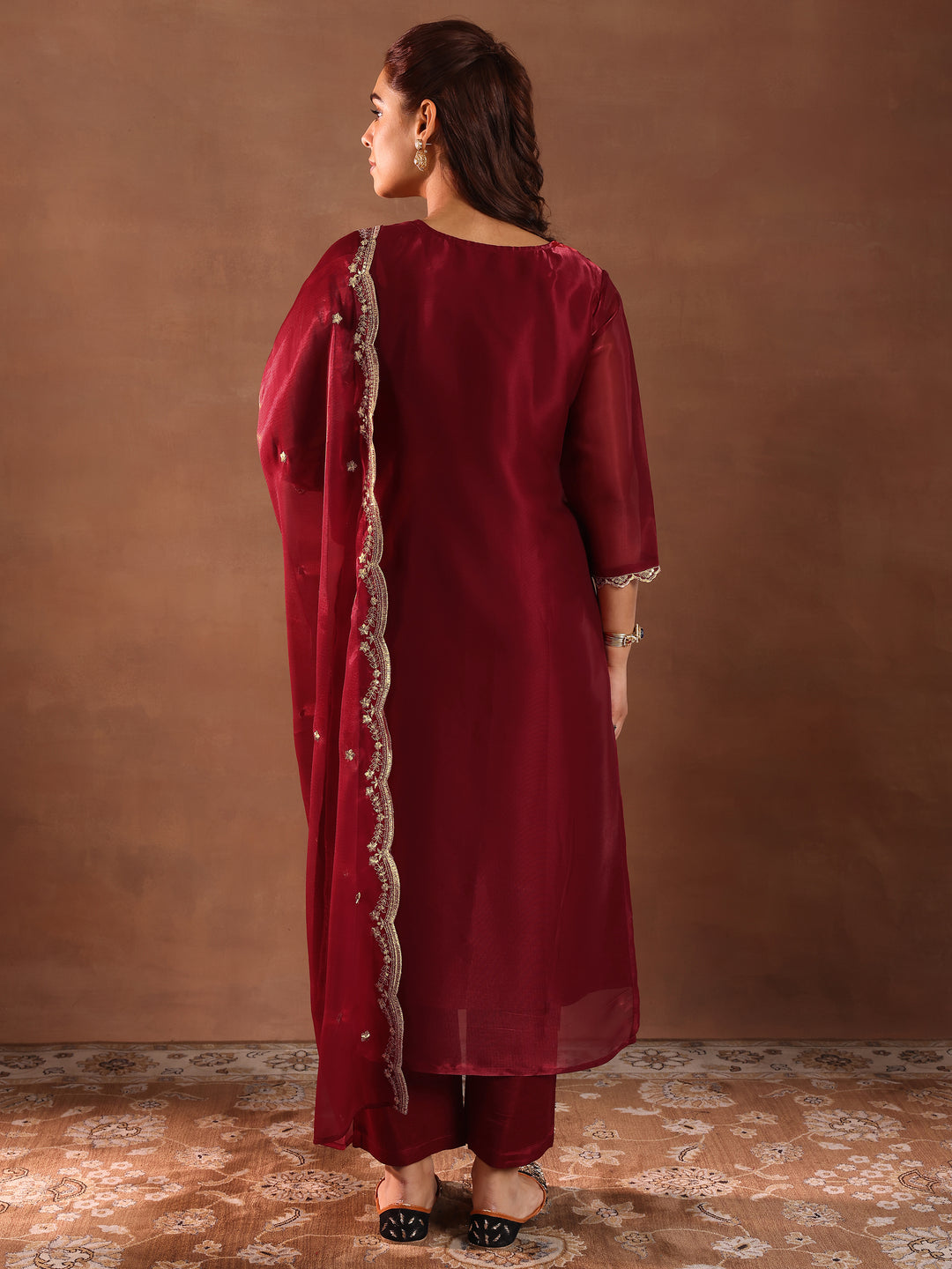 Maroon Yoke Design Tissue Straight Suit With Dupatta