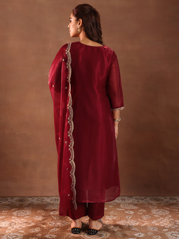 Maroon Yoke Design Tissue Straight Suit With Dupatta