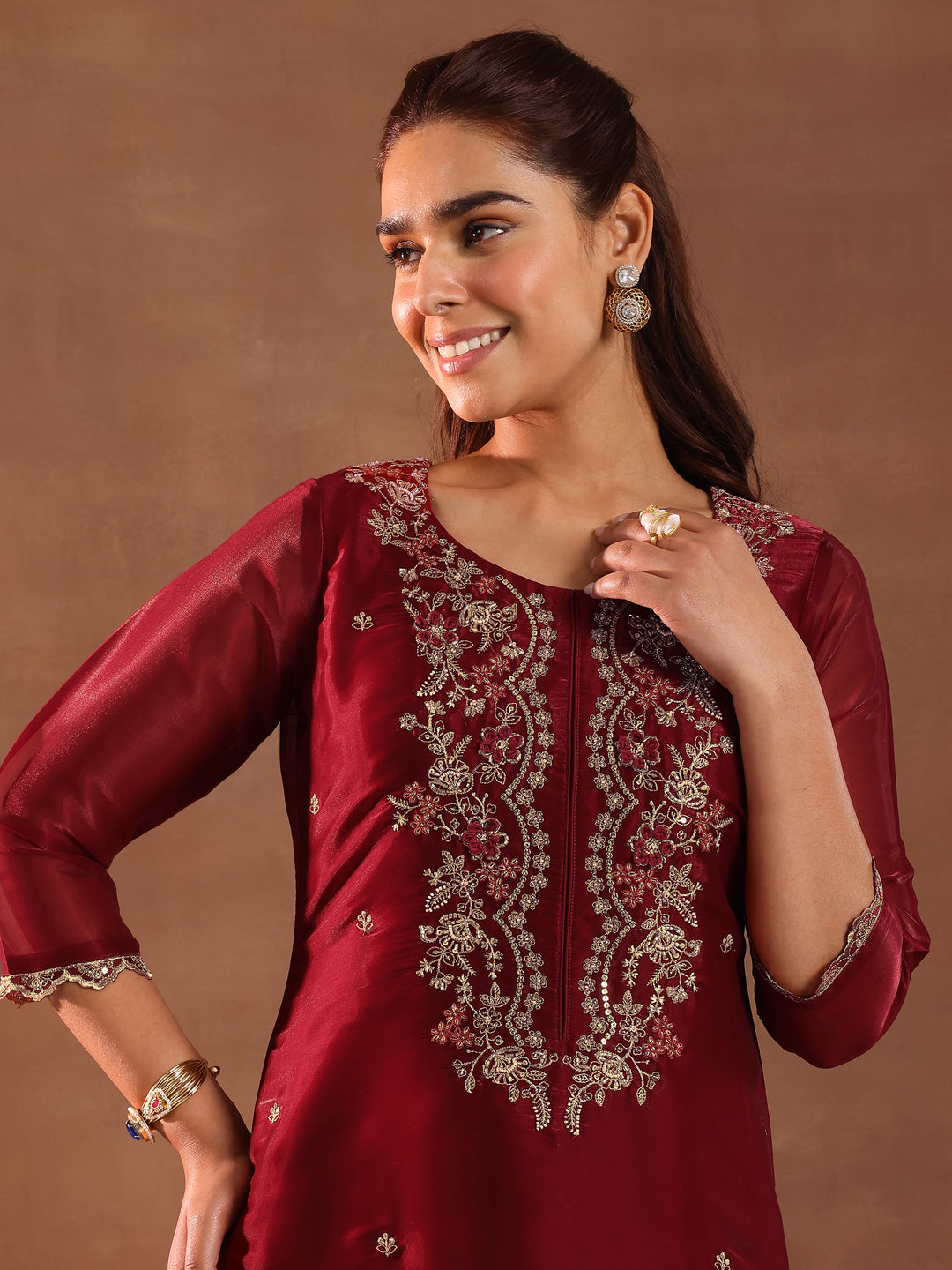 Maroon Yoke Design Tissue Straight Suit With Dupatta
