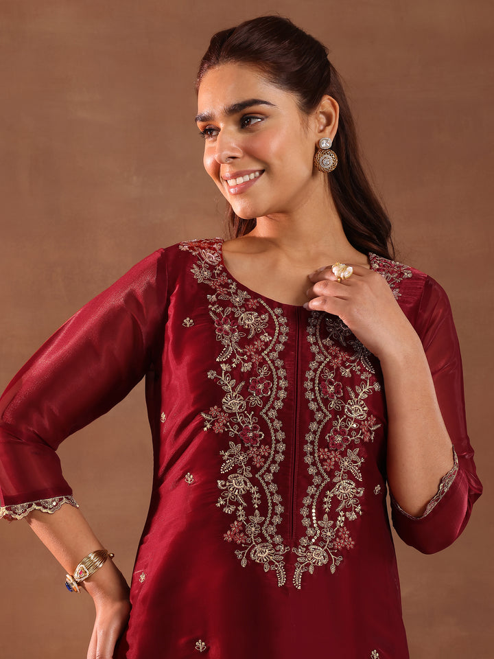 Maroon Yoke Design Tissue Straight Suit With Dupatta
