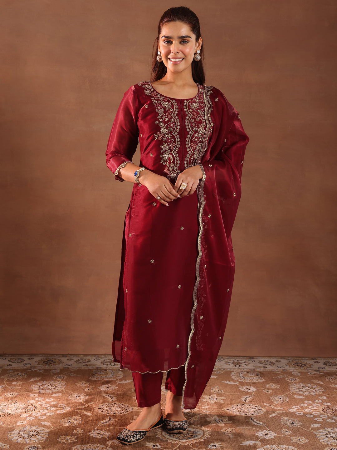 Maroon Yoke Design Tissue Straight Suit With Dupatta