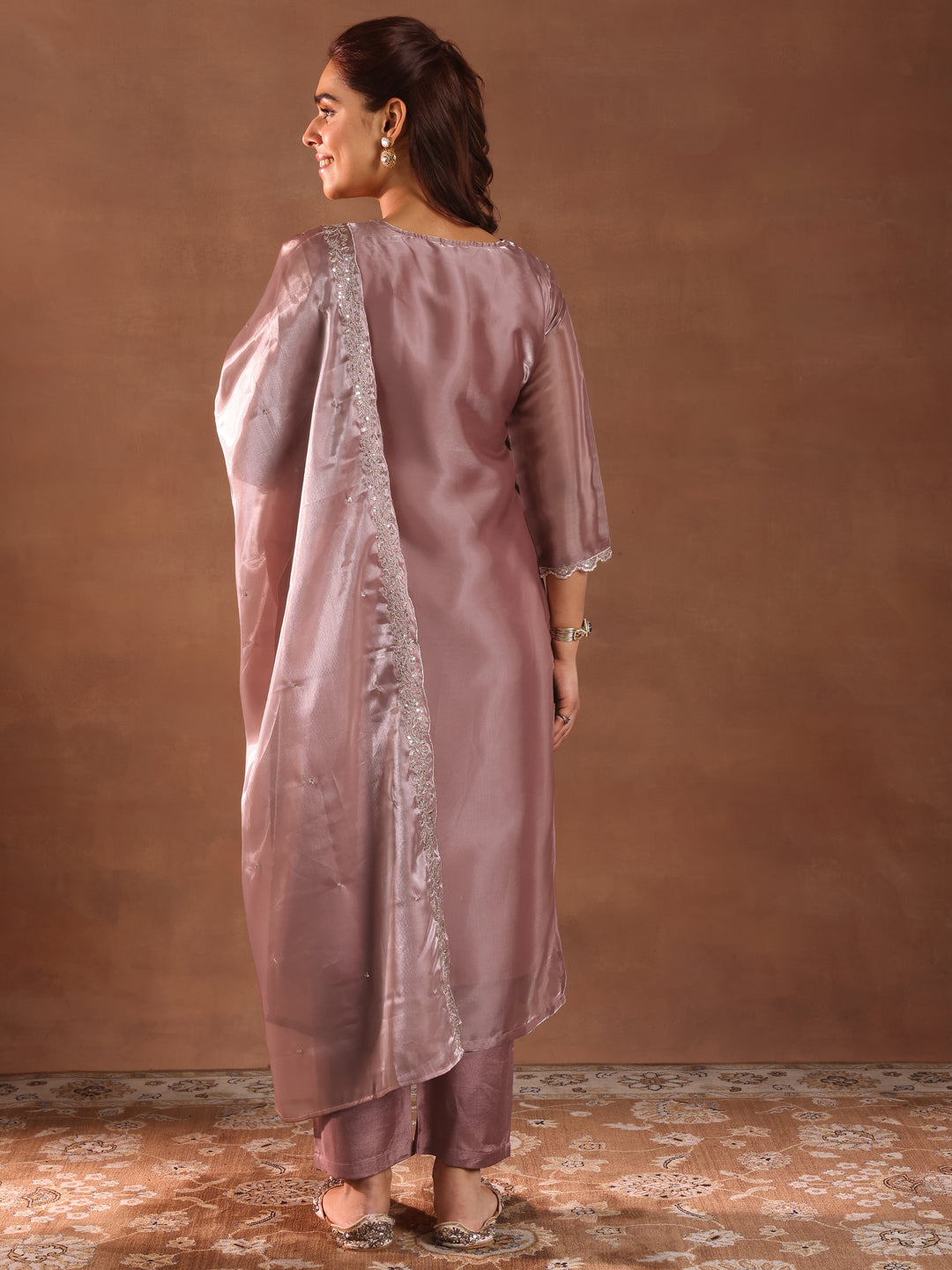 Mauve Yoke Design Tissue Straight Suit With Dupatta