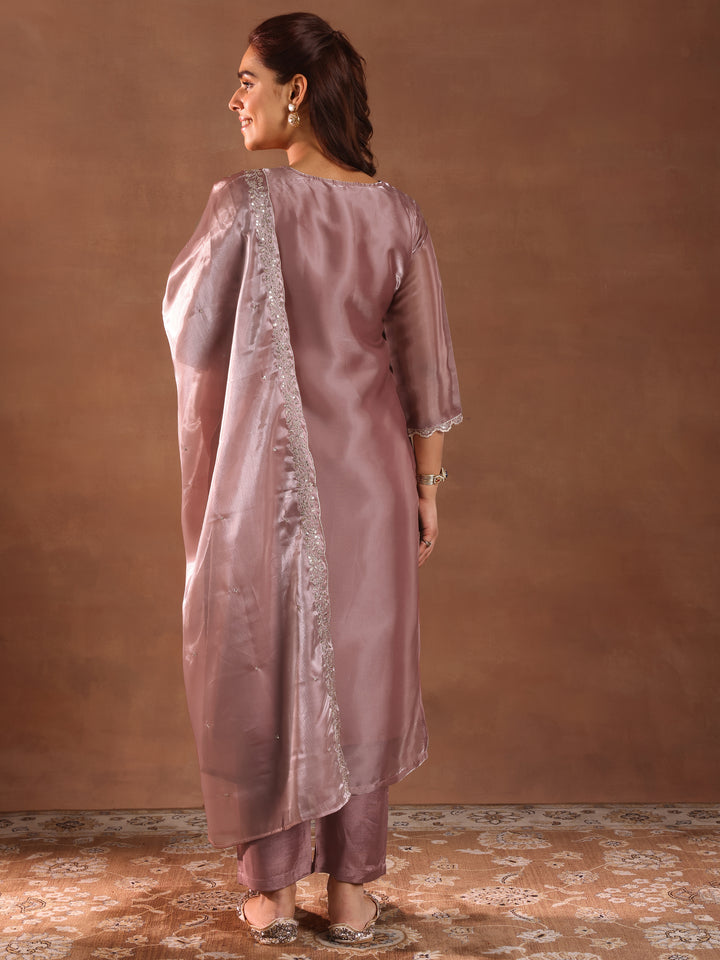 Mauve Yoke Design Tissue Straight Suit With Dupatta