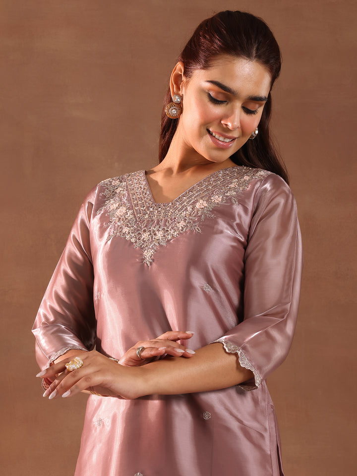 Mauve Yoke Design Tissue Straight Suit With Dupatta