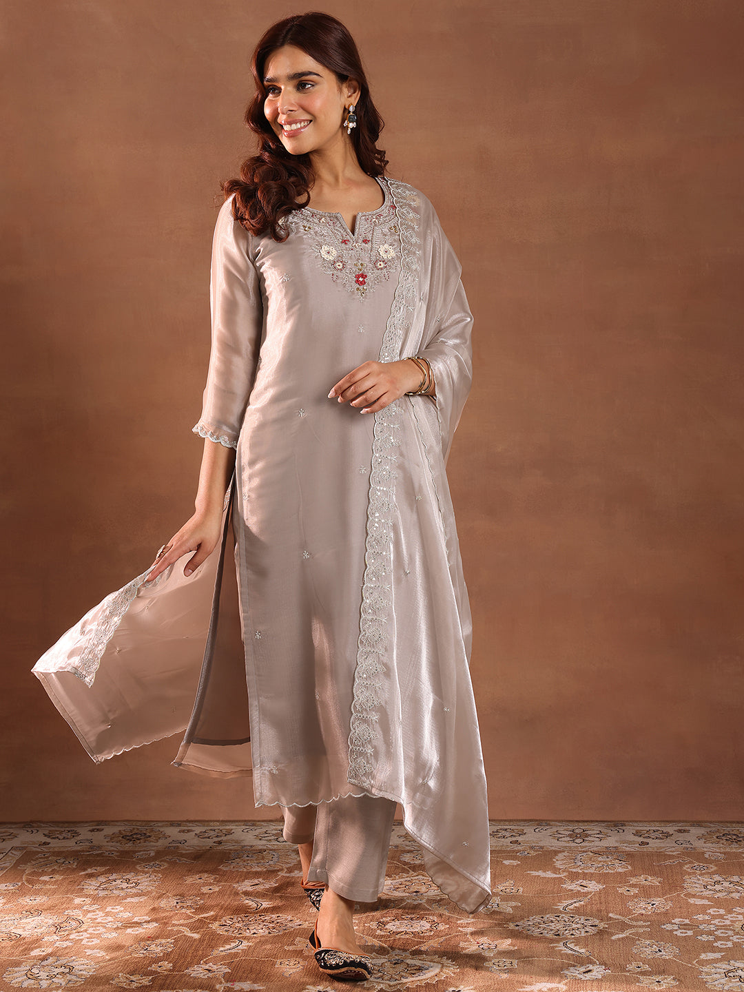 Buy Taupe Yoke Design Tissue Straight Suit With Dupatta Online in USA at  $70.00