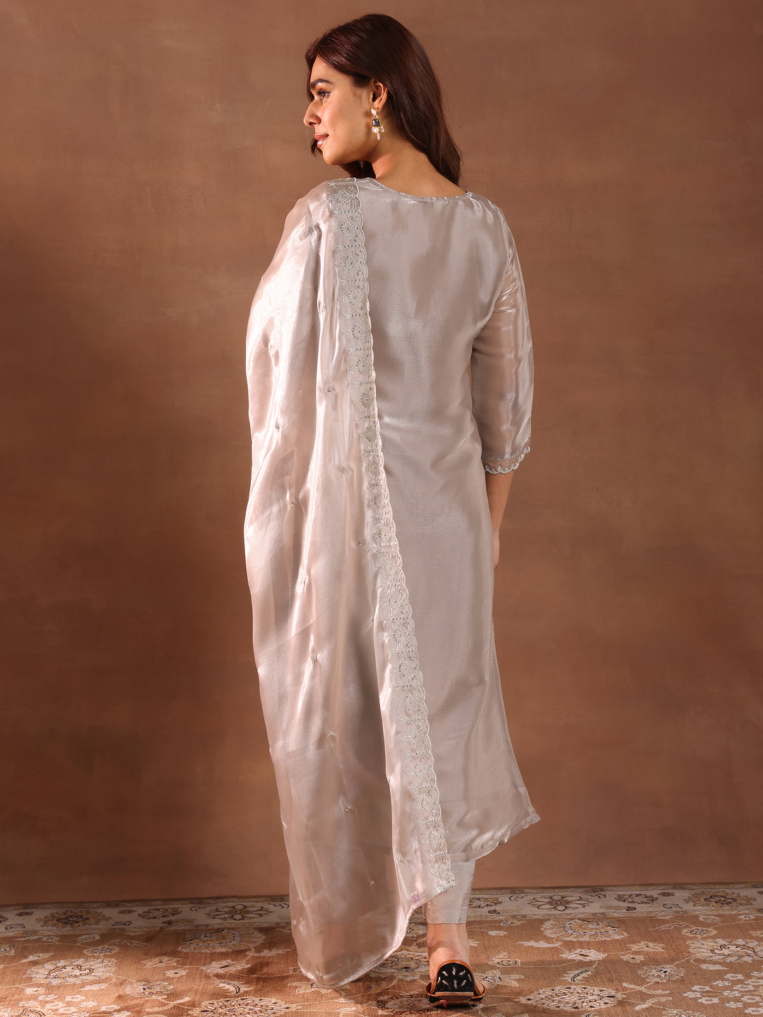 Taupe Yoke Design Tissue Straight Suit With Dupatta