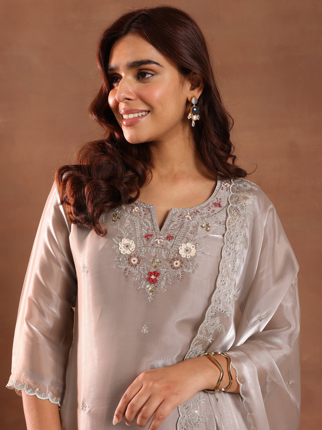 Taupe Yoke Design Tissue Straight Suit With Dupatta