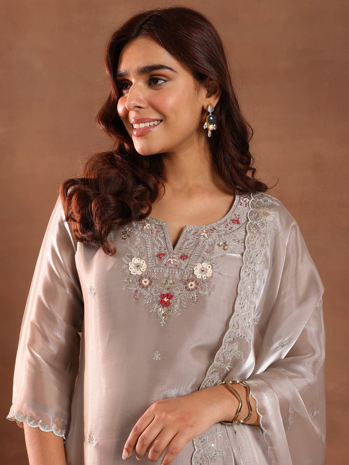 Taupe Yoke Design Tissue Straight Suit With Dupatta