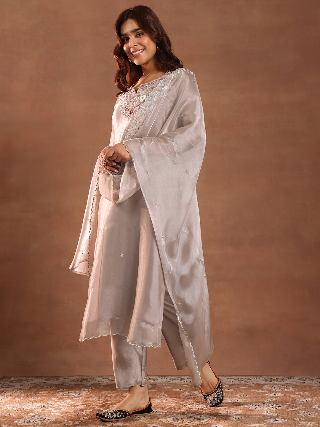 Taupe Yoke Design Tissue Straight Suit With Dupatta