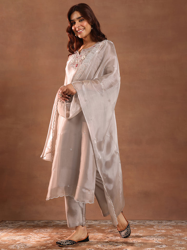 Taupe Yoke Design Tissue Straight Suit With Dupatta