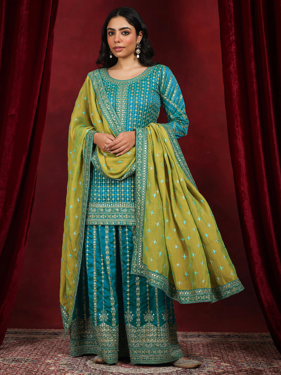 Libas Art Blue Embroidered Silk Blend Straight Suit With Dupatta
