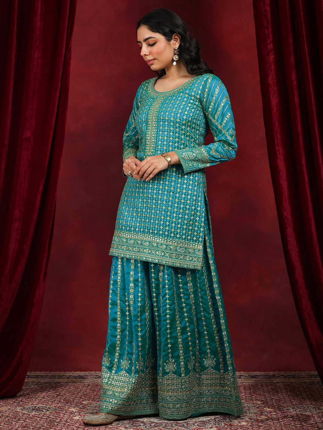 Libas Art Blue Embroidered Silk Blend Straight Suit With Dupatta