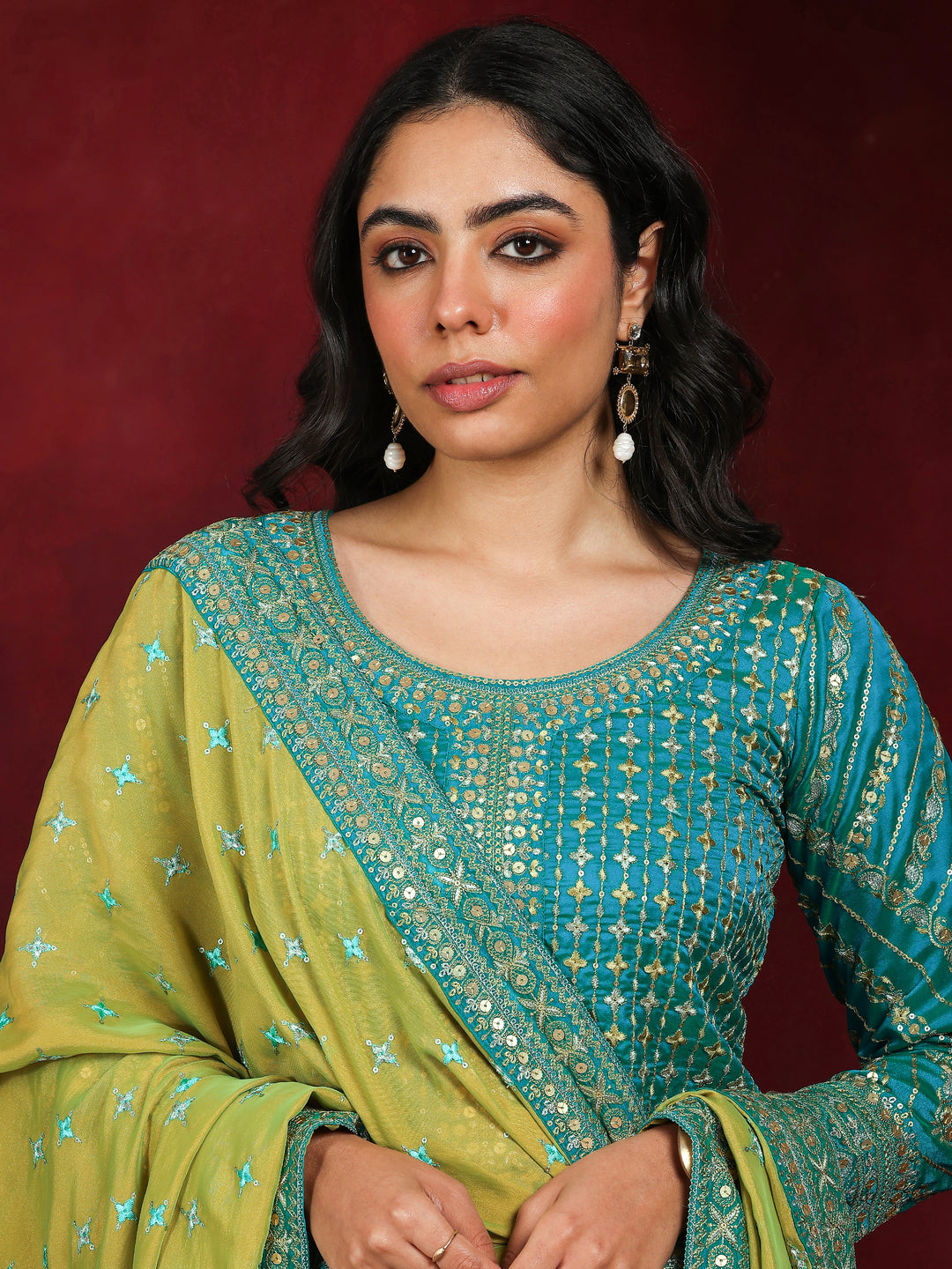 Libas Art Blue Embroidered Silk Blend Straight Suit With Dupatta