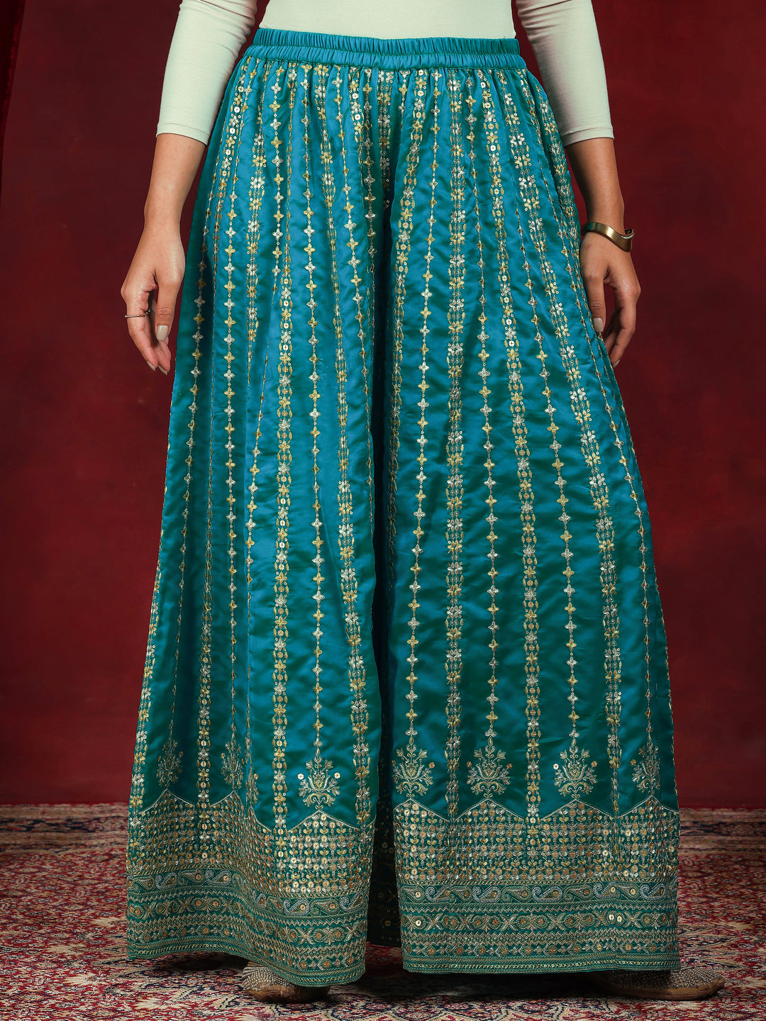 Libas Art Blue Embroidered Silk Blend Straight Suit With Dupatta