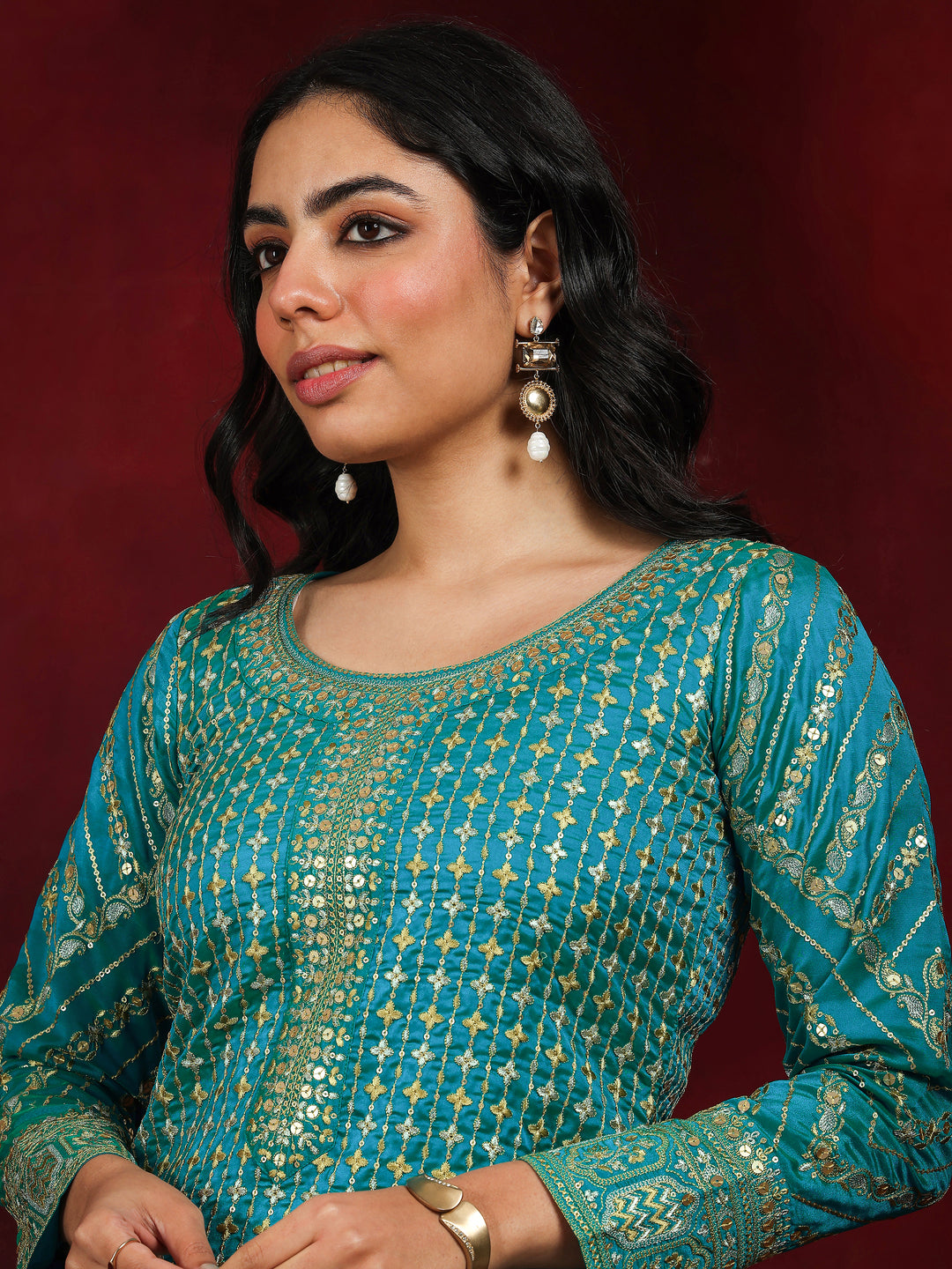 Libas Art Blue Embroidered Silk Blend Straight Suit With Dupatta