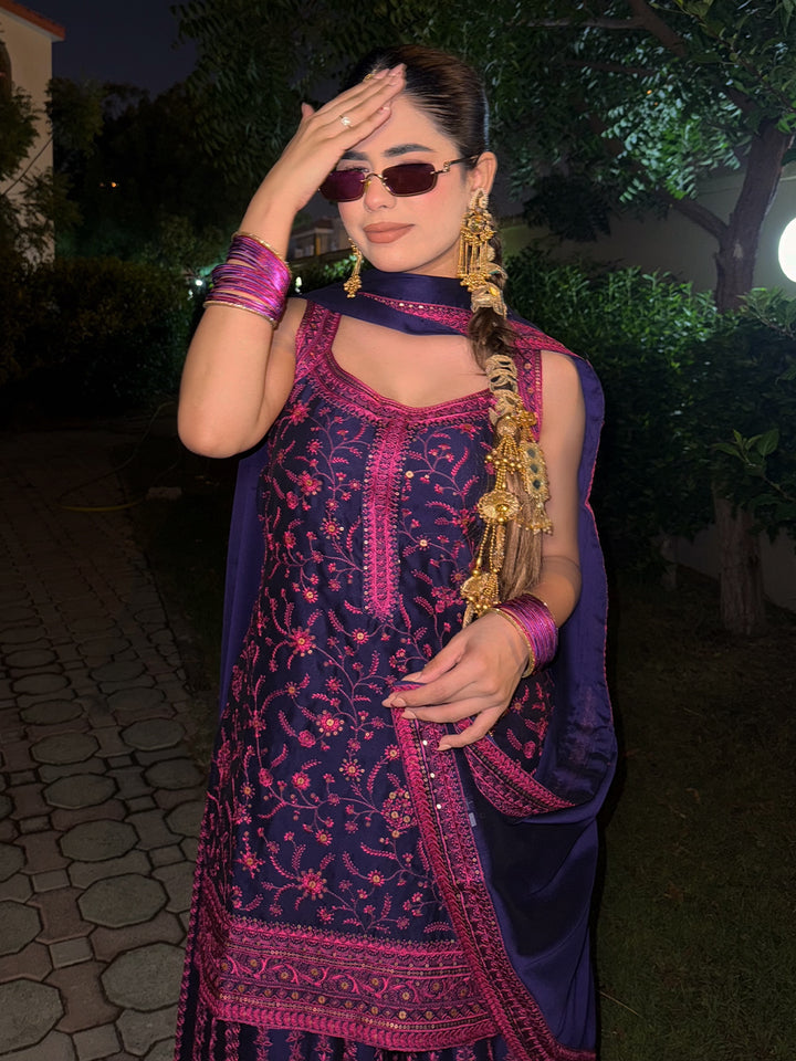 Libas Art Purple Embroidered Silk Blend Straight Suit With Dupatta