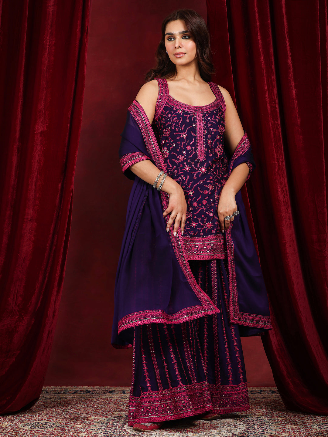 Libas Art Purple Embroidered Silk Blend Straight Suit With Dupatta