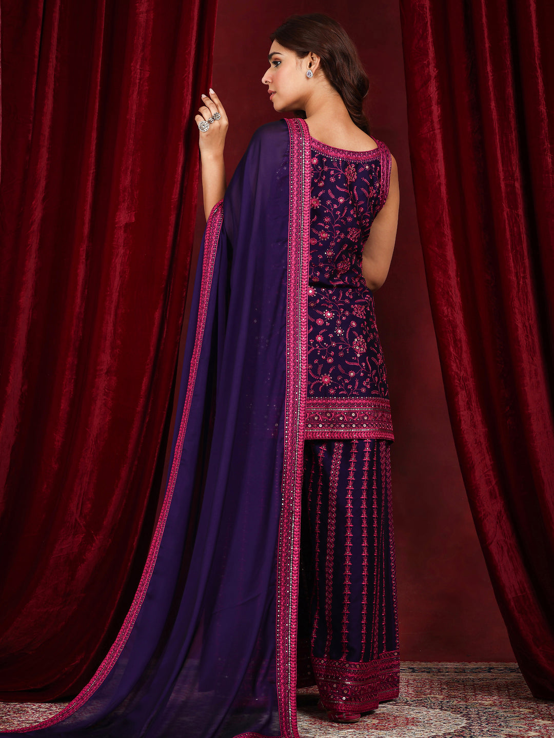 Libas Art Purple Embroidered Silk Blend Straight Suit With Dupatta