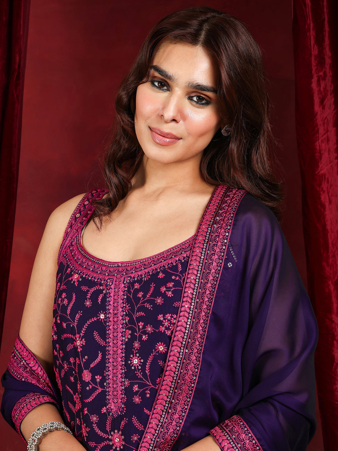 Libas Art Purple Embroidered Silk Blend Straight Suit With Dupatta