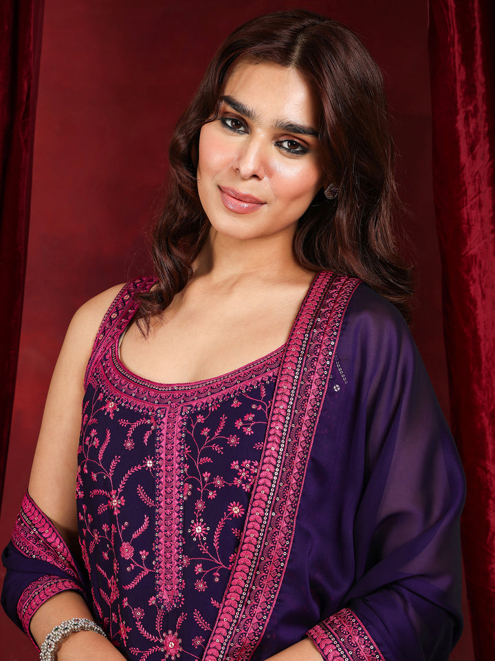 Libas Art Purple Embroidered Silk Blend Straight Suit With Dupatta