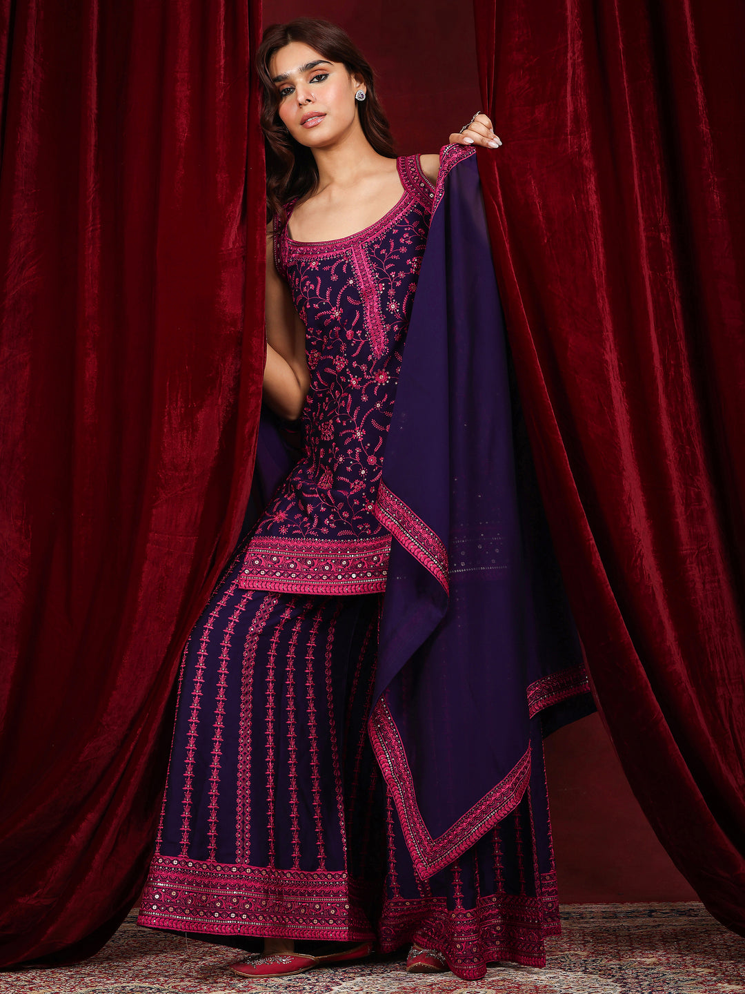 Libas Art Purple Embroidered Silk Blend Straight Suit With Dupatta