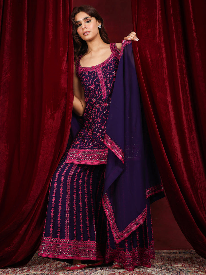 Libas Art Purple Embroidered Silk Blend Straight Suit With Dupatta