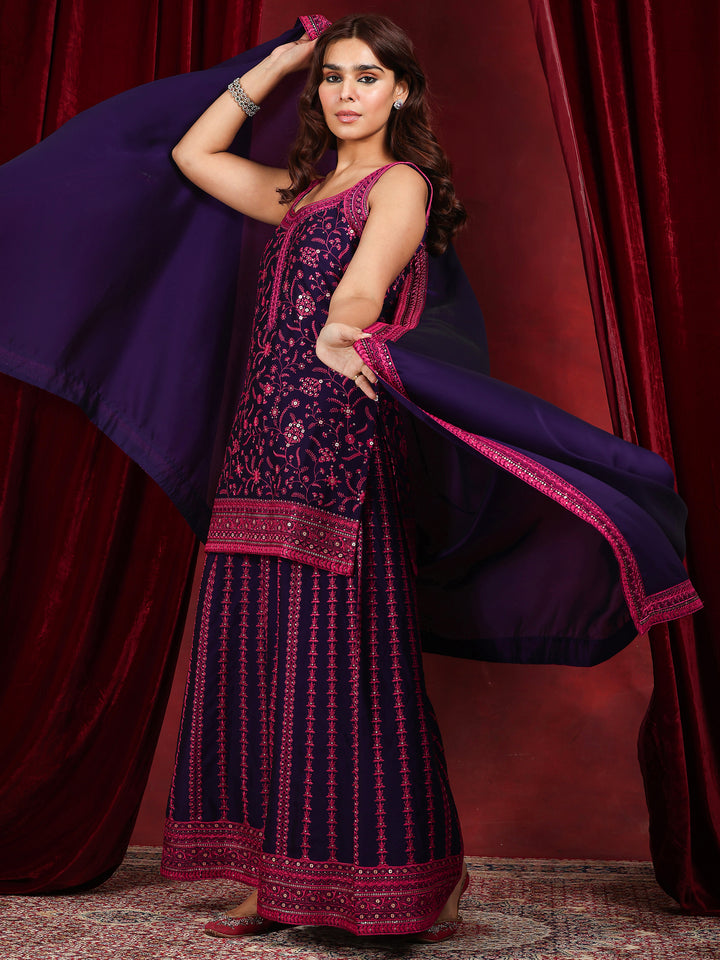 Libas Art Purple Embroidered Silk Blend Straight Suit With Dupatta