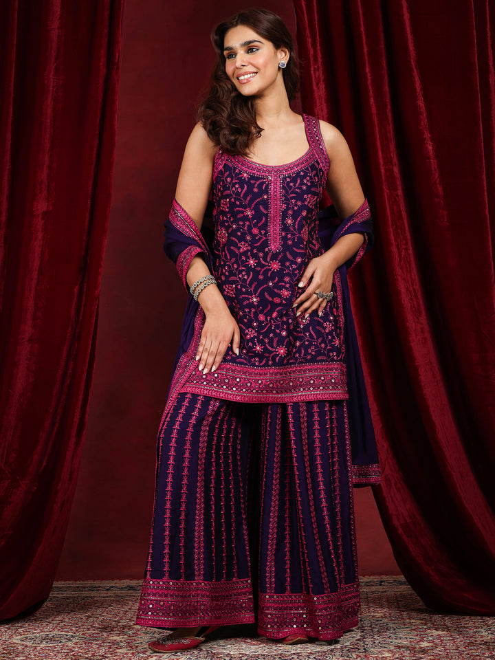 Libas Art Purple Embroidered Silk Blend Straight Suit With Dupatta