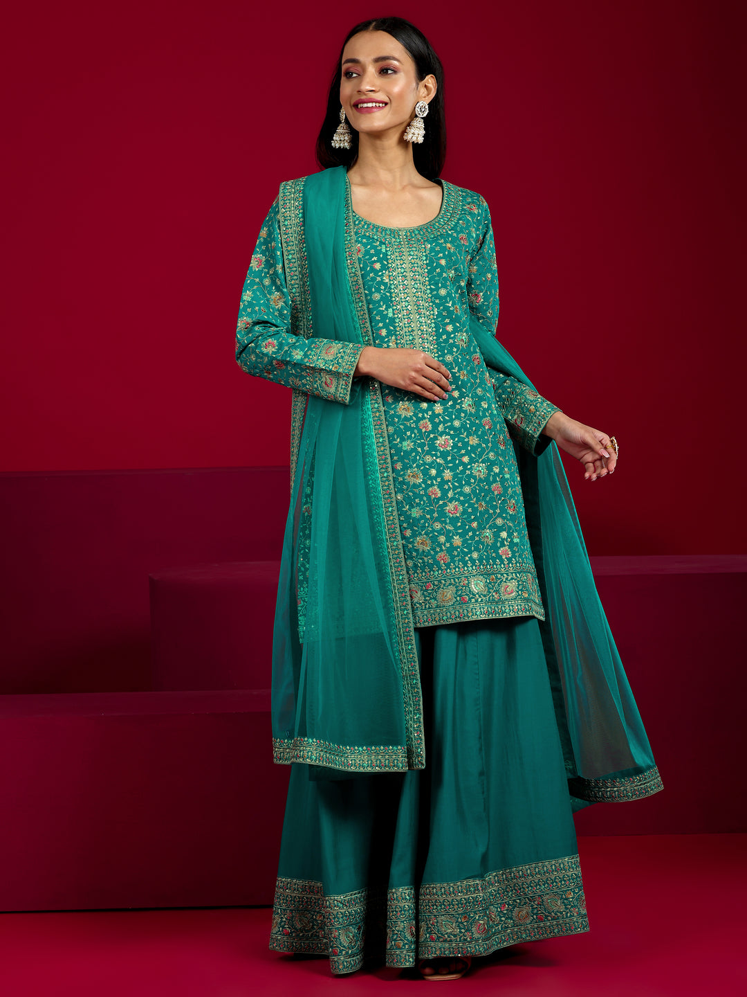 Libas Art Green Embroidered Silk Blend Straight Suit With Dupatta